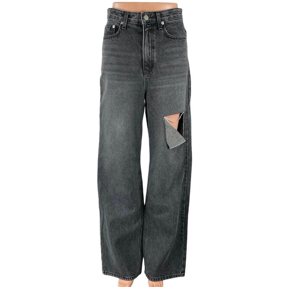 12th Tribe Women's Black Distressed High Rise Wide Leg Baggy Denim Jeans Size S